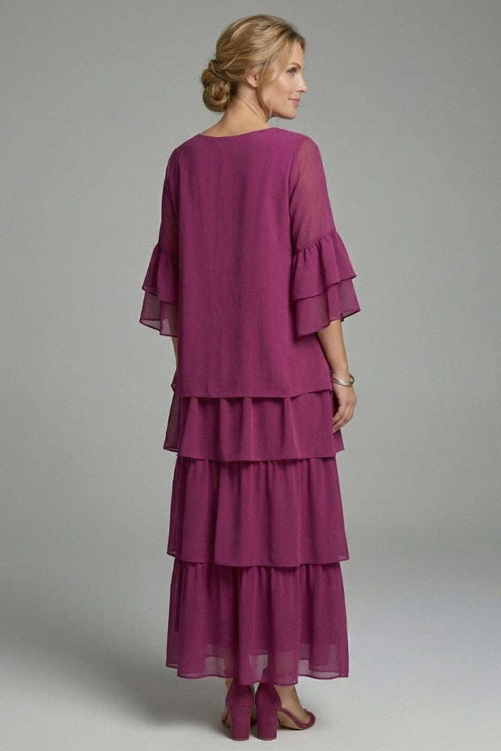 Women's Wedding Guest Tiered Ruffle Sleeve Maxi Dress