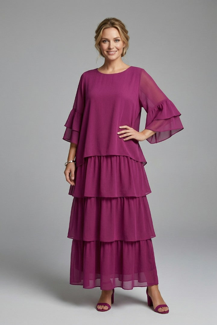 Women's Wedding Guest Tiered Ruffle Sleeve Maxi Dress