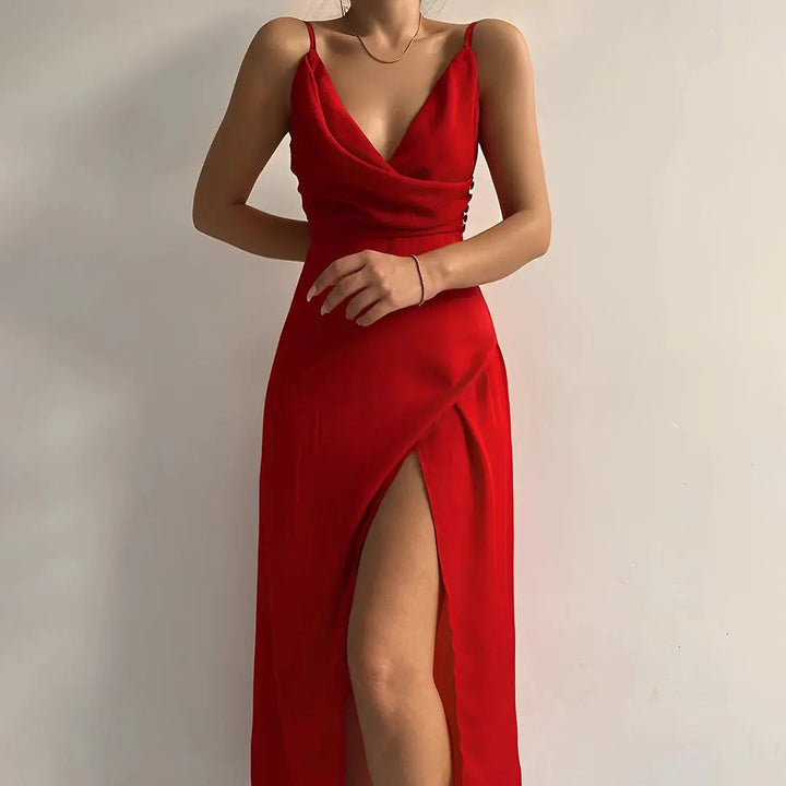 Women's Wedding Guest V-Neck Slip Slit Maxi Dress