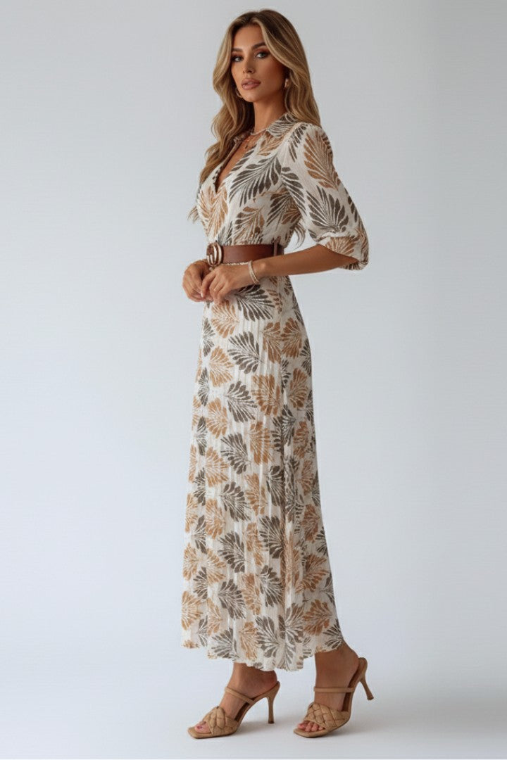 Women's Boho Brown Printed Wrap V-Neck 3/4 Sleeve Flowy Maxi Dress