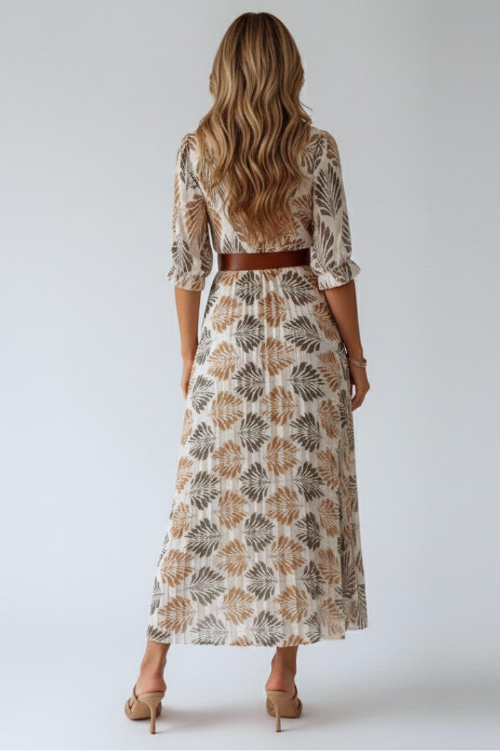 Women's Boho Brown Printed Wrap V-Neck 3/4 Sleeve Flowy Maxi Dress