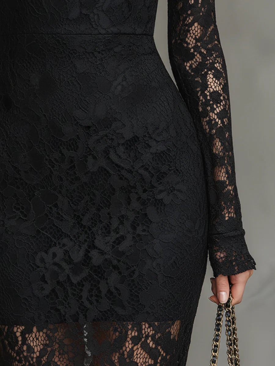 Women's Elegant Black Floral Lace Long Sleeve Maxi Dress