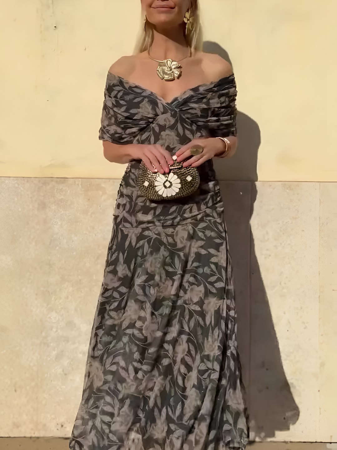 Women's Black Off Shoulder Floral Maxi Dress