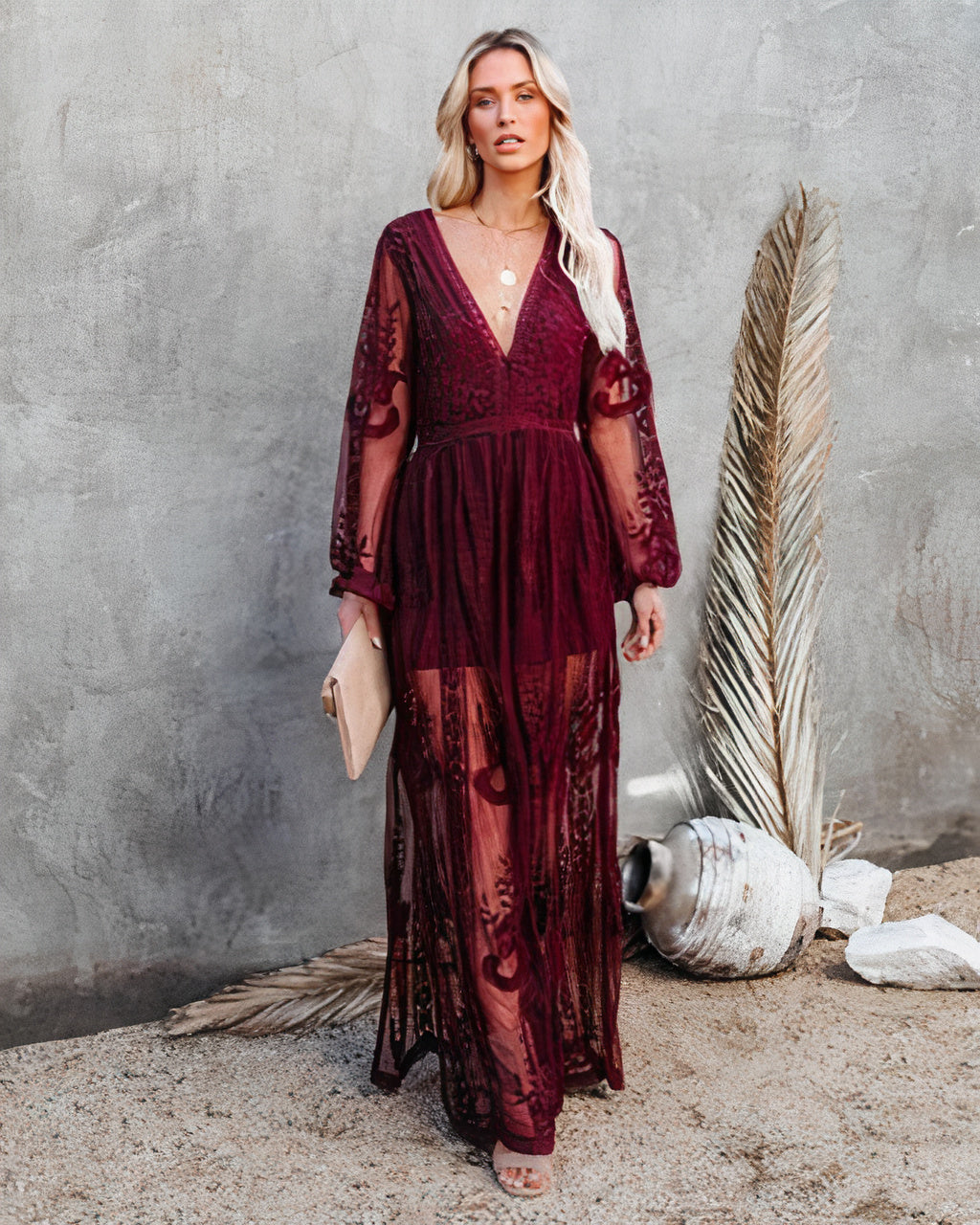 Women's Boho V-Neck Long Sleeve Maxi Dress