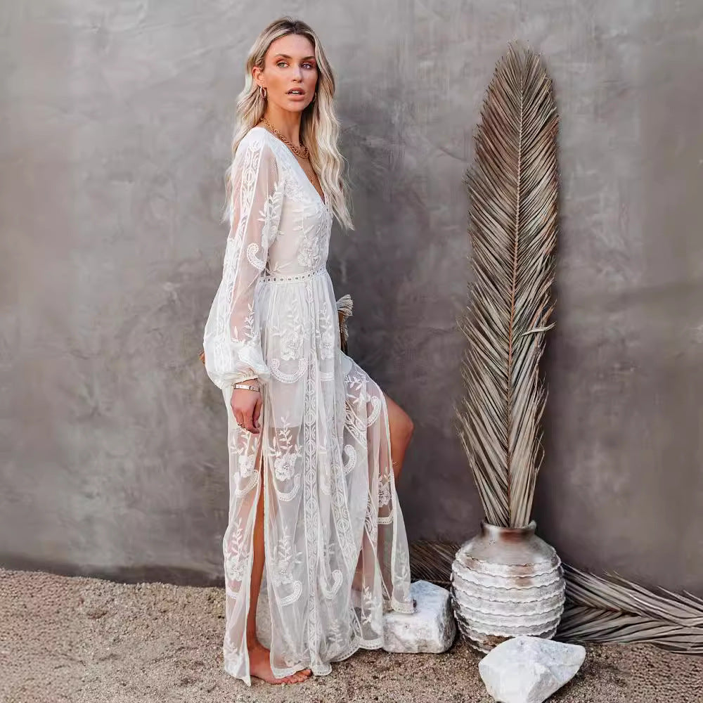 Women's Boho V-Neck Long Sleeve Maxi Dress