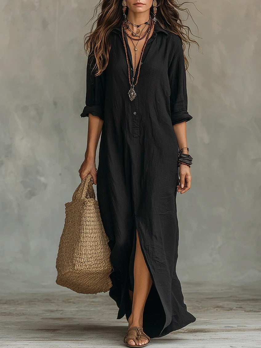 Women's Button Front Collared Shirt Maxi Dress