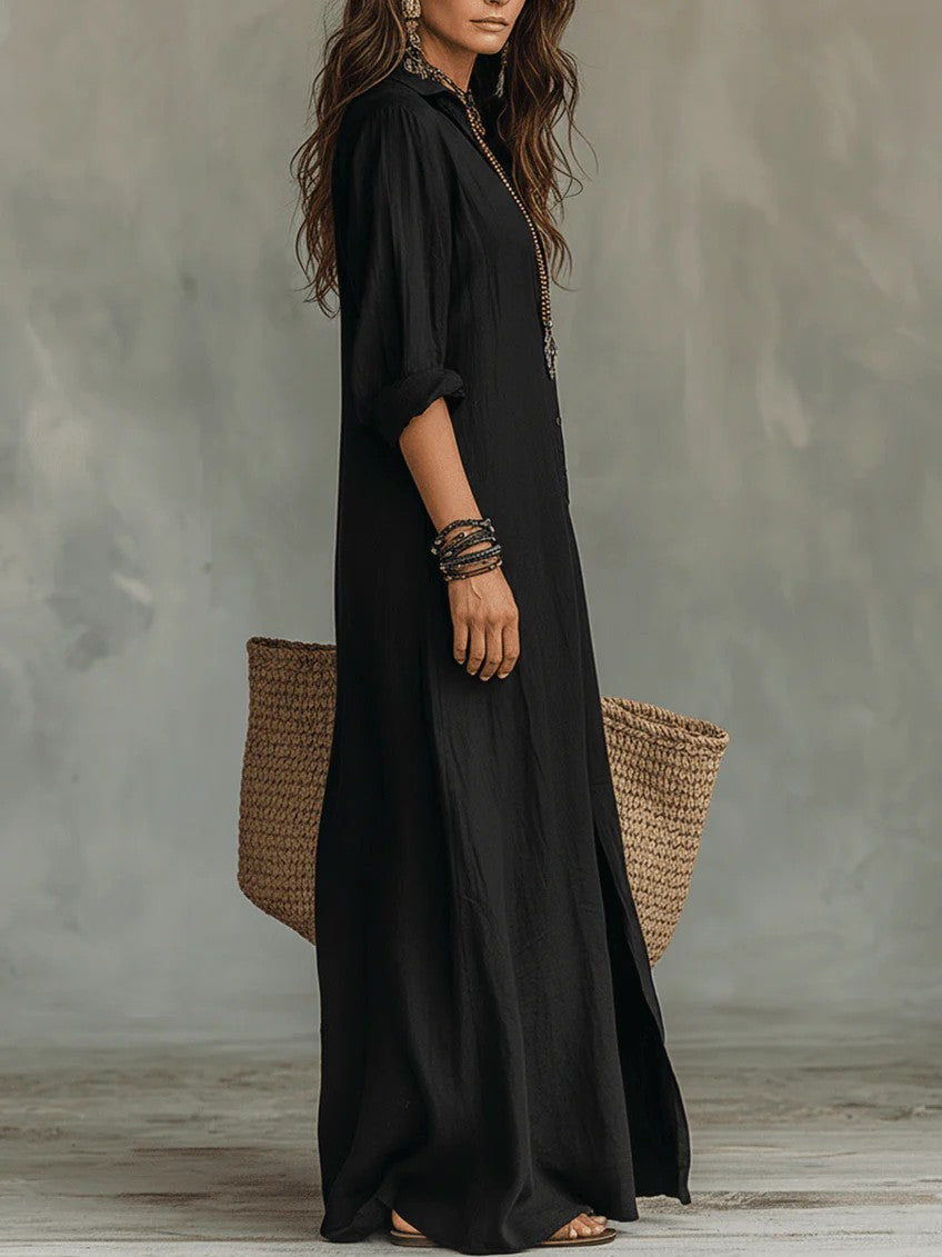 Women's Button Front Collared Shirt Maxi Dress