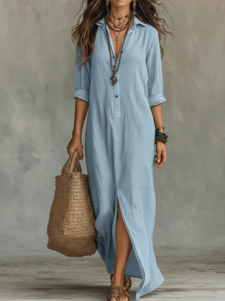Women's Button Front Collared Shirt Maxi Dress