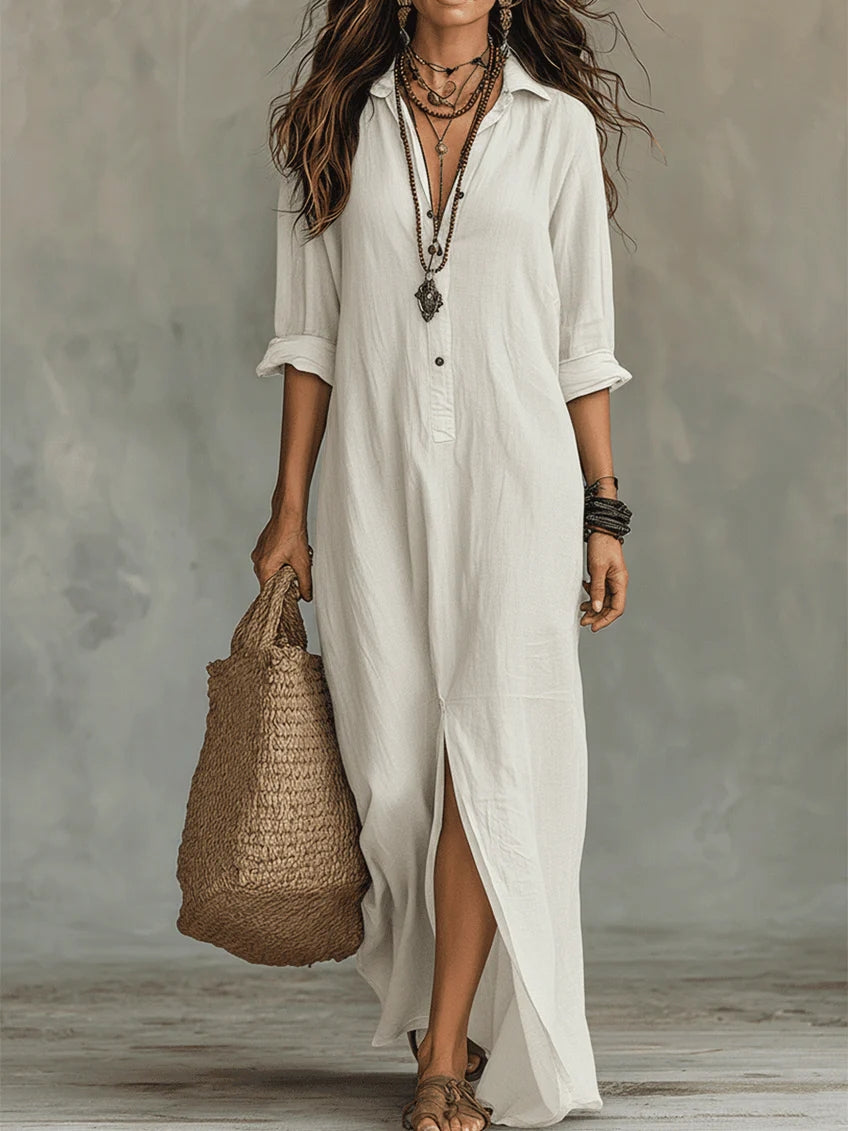 Women's Button Front Collared Shirt Maxi Dress