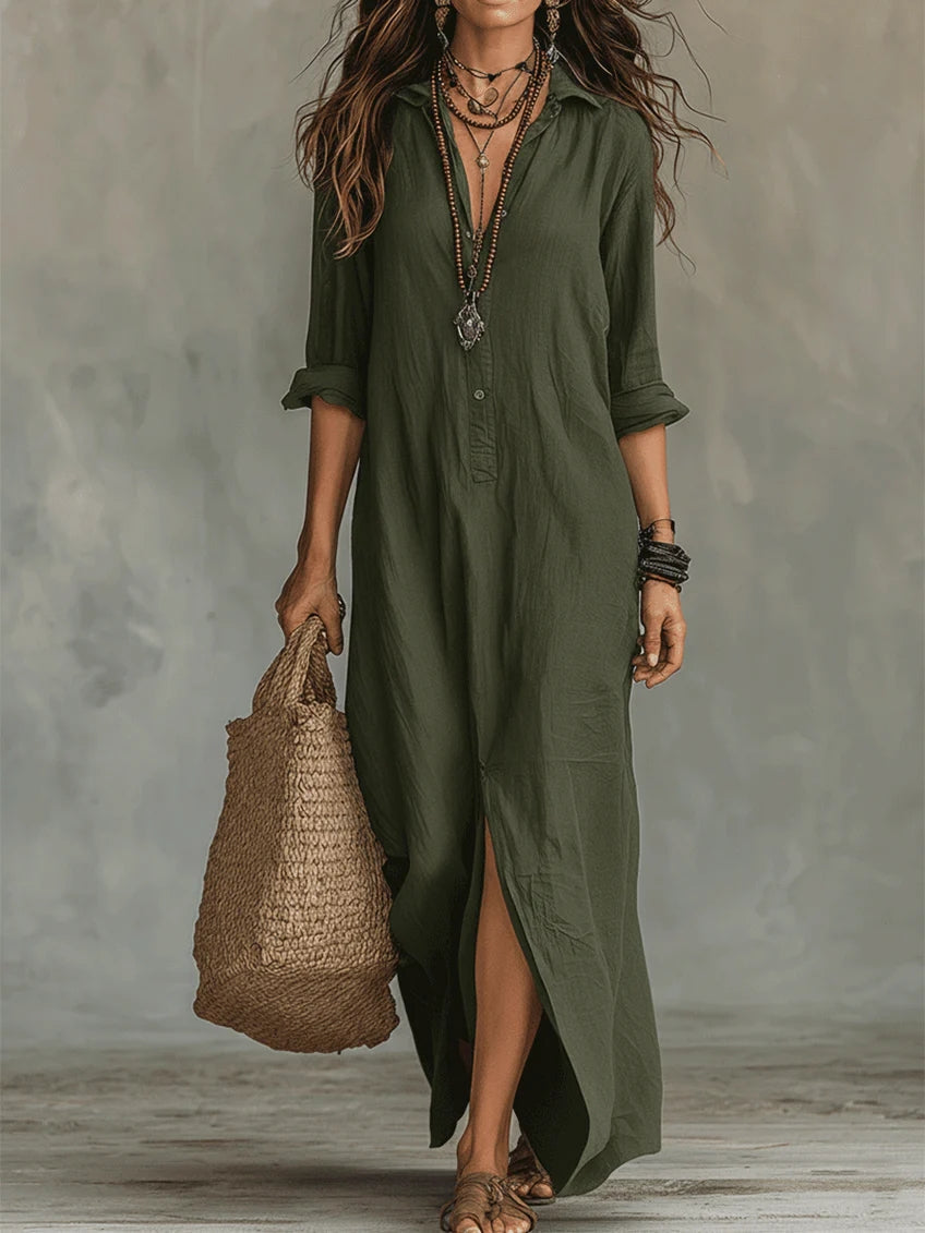 Women's Button Front Collared Shirt Maxi Dress