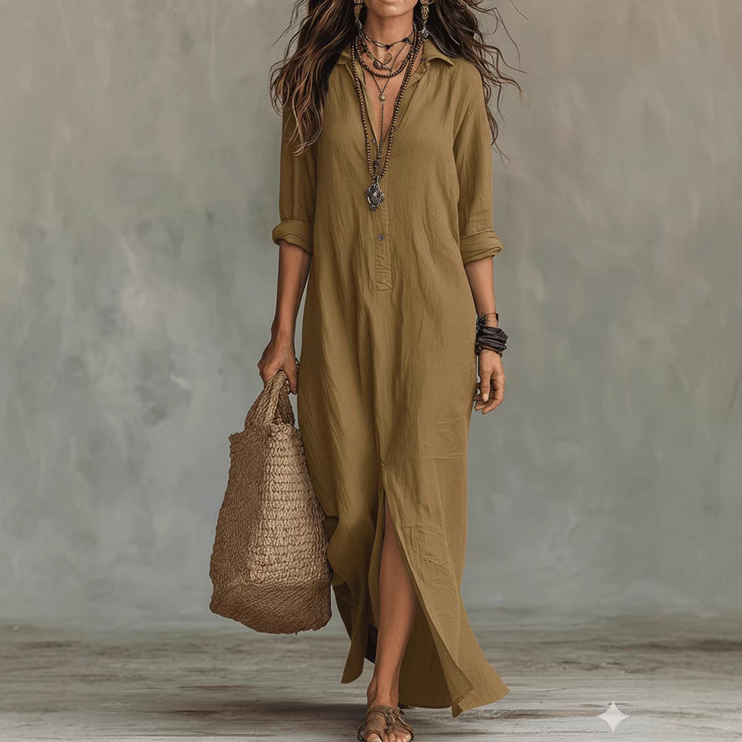 Women's Button Front Collared Shirt Maxi Dress