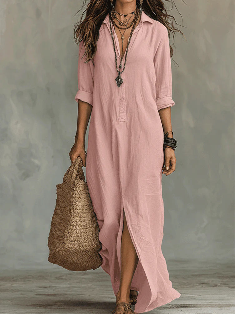 Women's Button Front Collared Shirt Maxi Dress