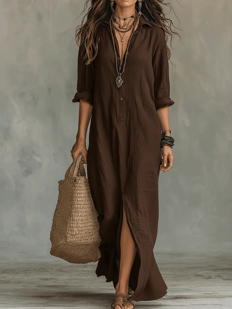 Women's Button Front Collared Shirt Maxi Dress