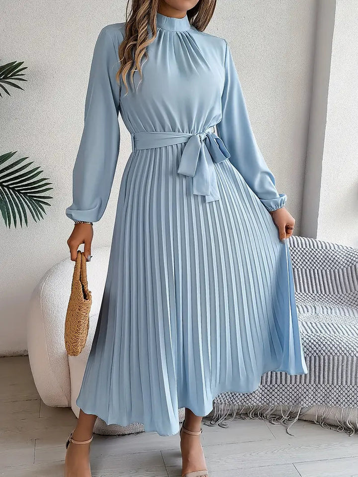 Women's Chic Pleated Wedding Guest Midi Dress with Belted Waist
