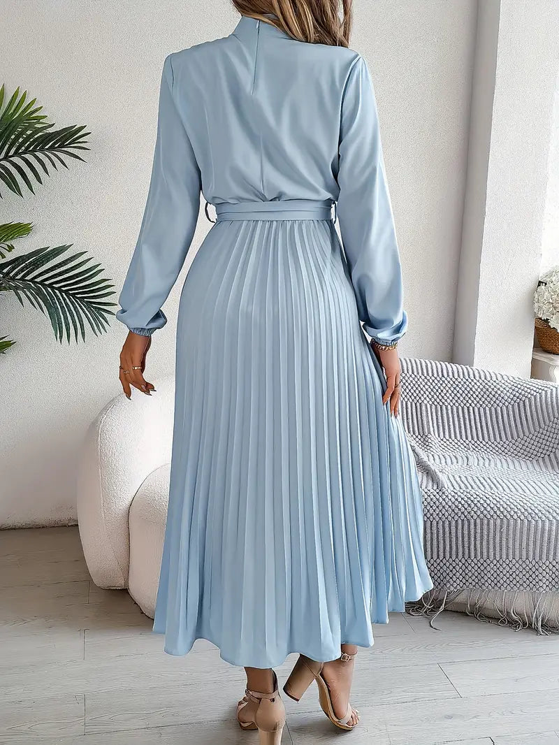 Women's Chic Pleated Wedding Guest Midi Dress with Belted Waist