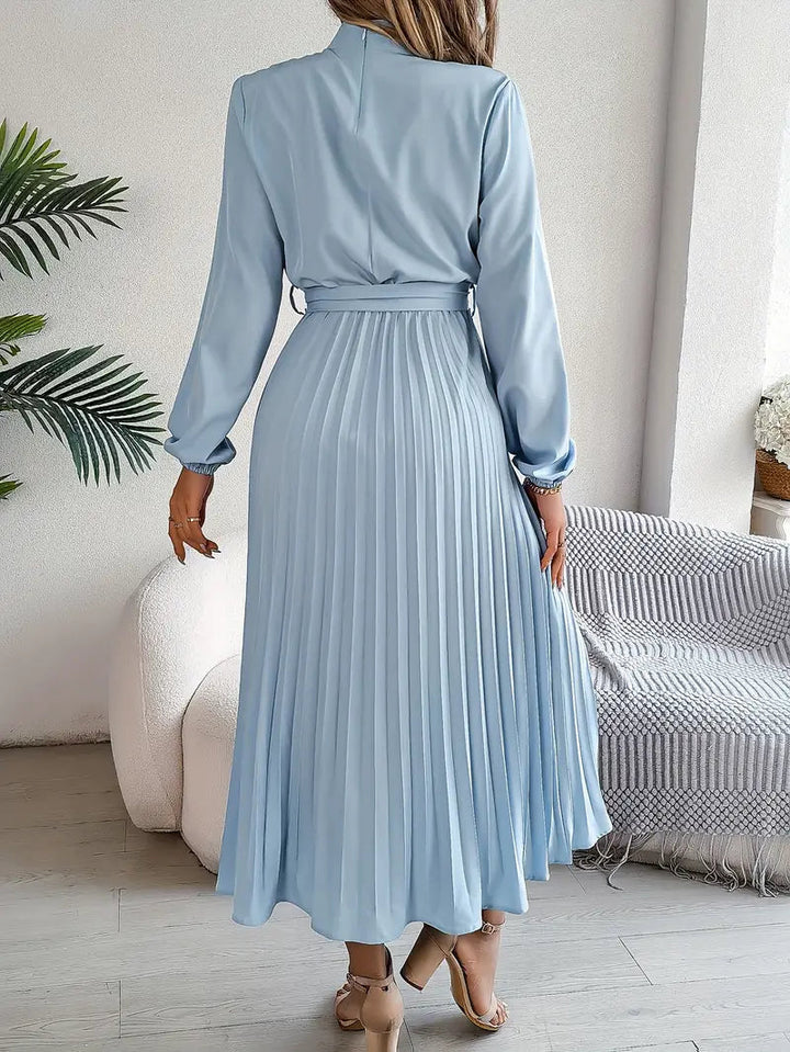 Women's Chic Pleated Wedding Guest Midi Dress with Belted Waist