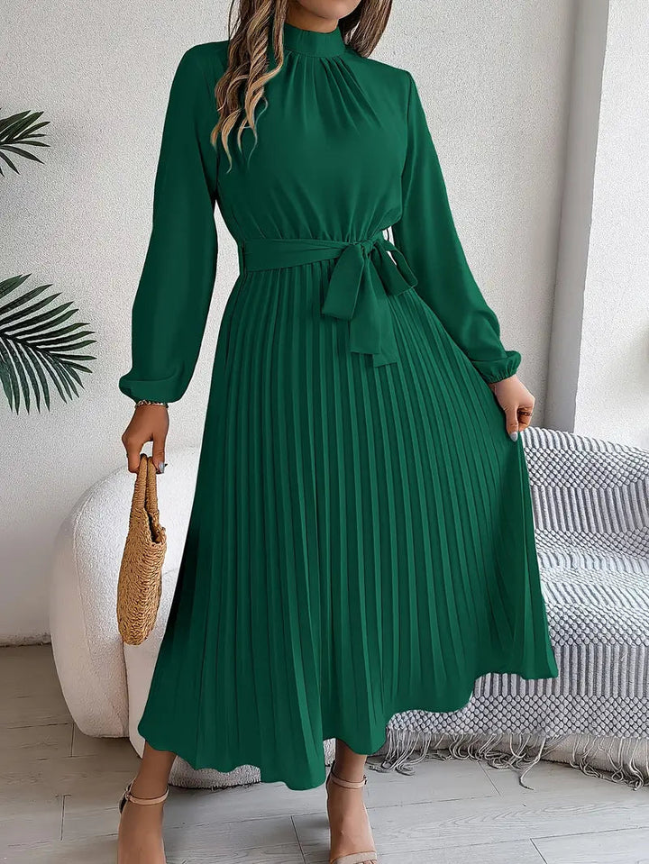Women's Chic Pleated Wedding Guest Midi Dress with Belted Waist