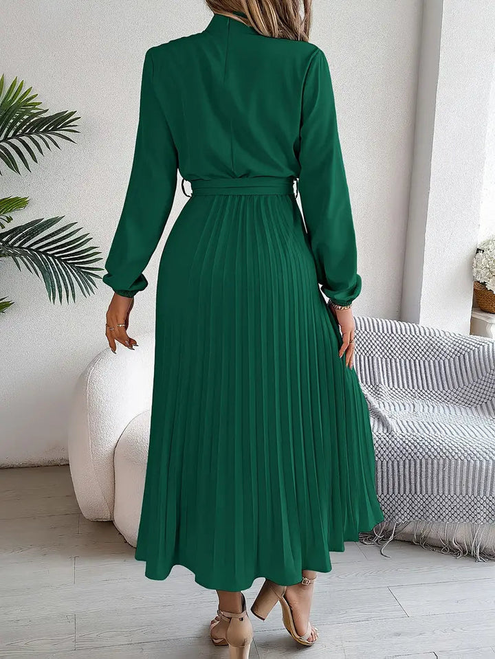 Women's Chic Pleated Wedding Guest Midi Dress with Belted Waist