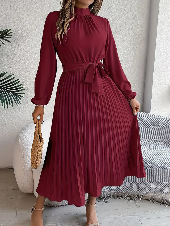 Women's Chic Pleated Wedding Guest Midi Dress with Belted Waist