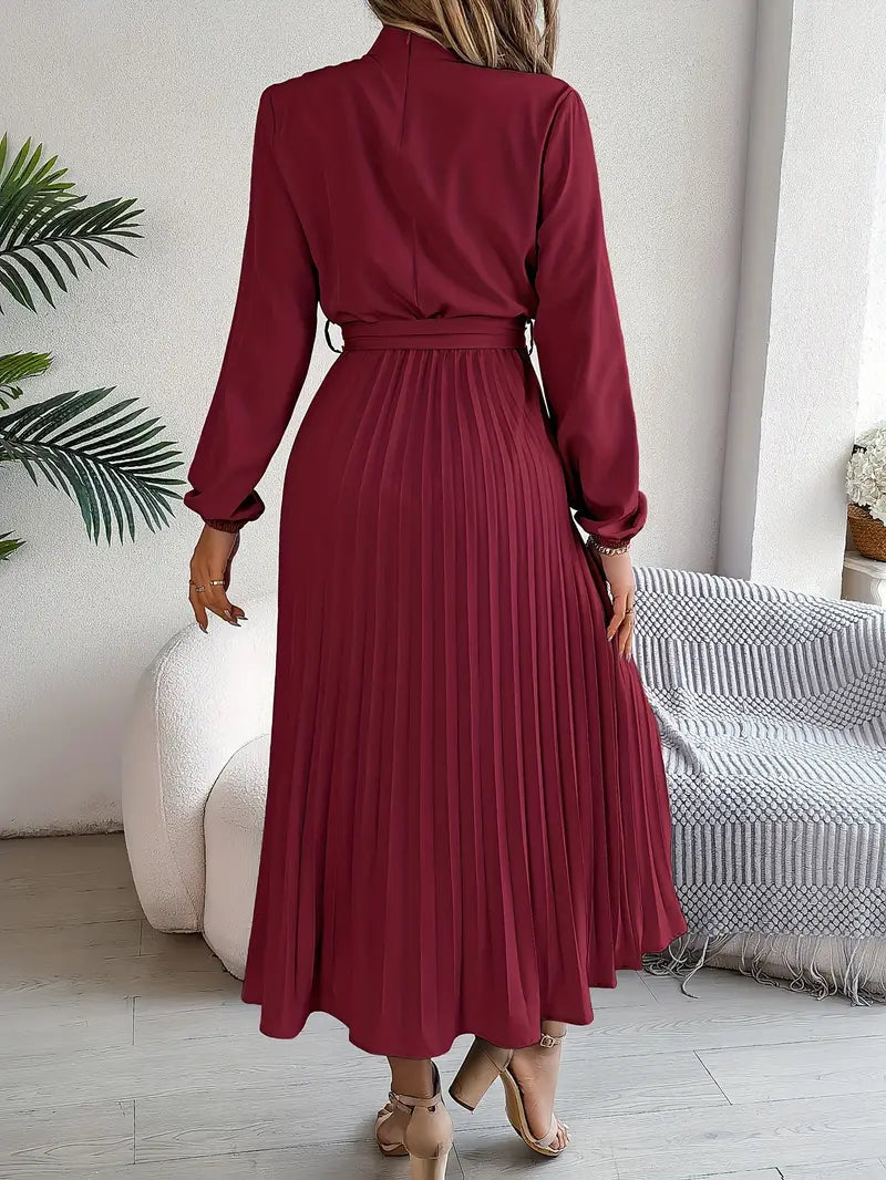 Women's Chic Pleated Wedding Guest Midi Dress with Belted Waist