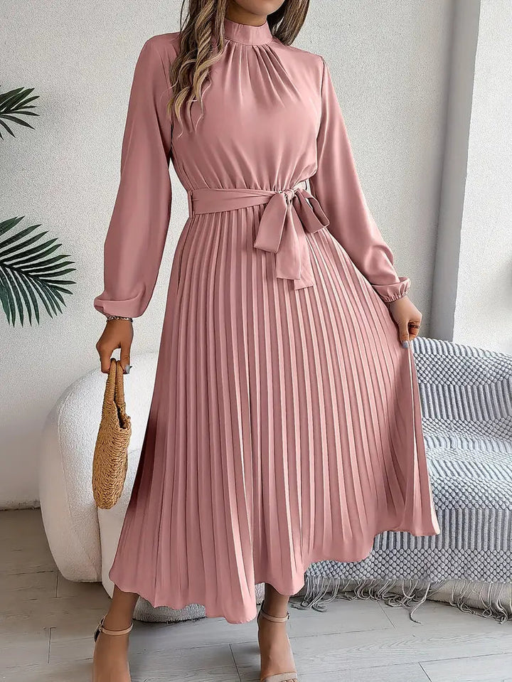Women's Chic Pleated Wedding Guest Midi Dress with Belted Waist