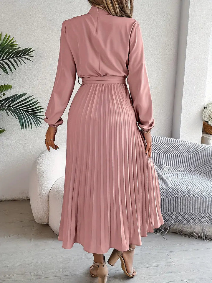 Women's Chic Pleated Wedding Guest Midi Dress with Belted Waist