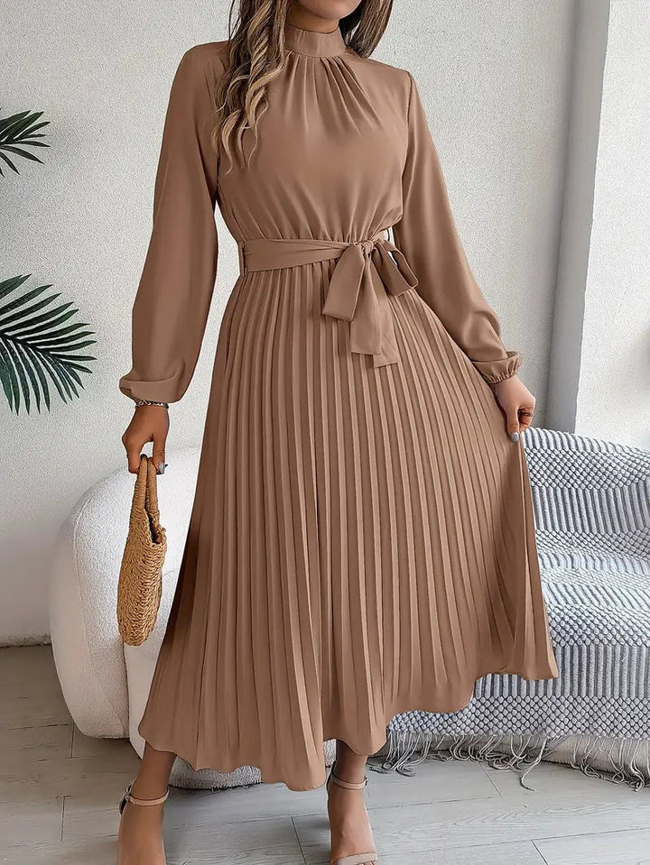 Women's Chic Pleated Wedding Guest Midi Dress with Belted Waist