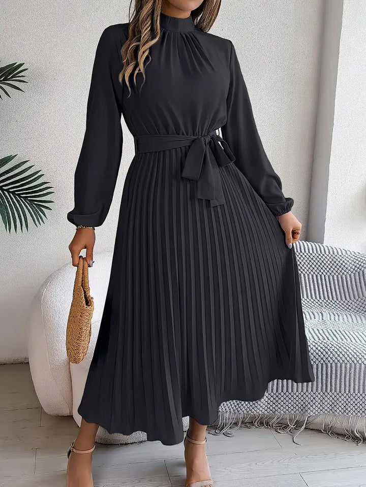 Women's Chic Pleated Wedding Guest Midi Dress with Belted Waist