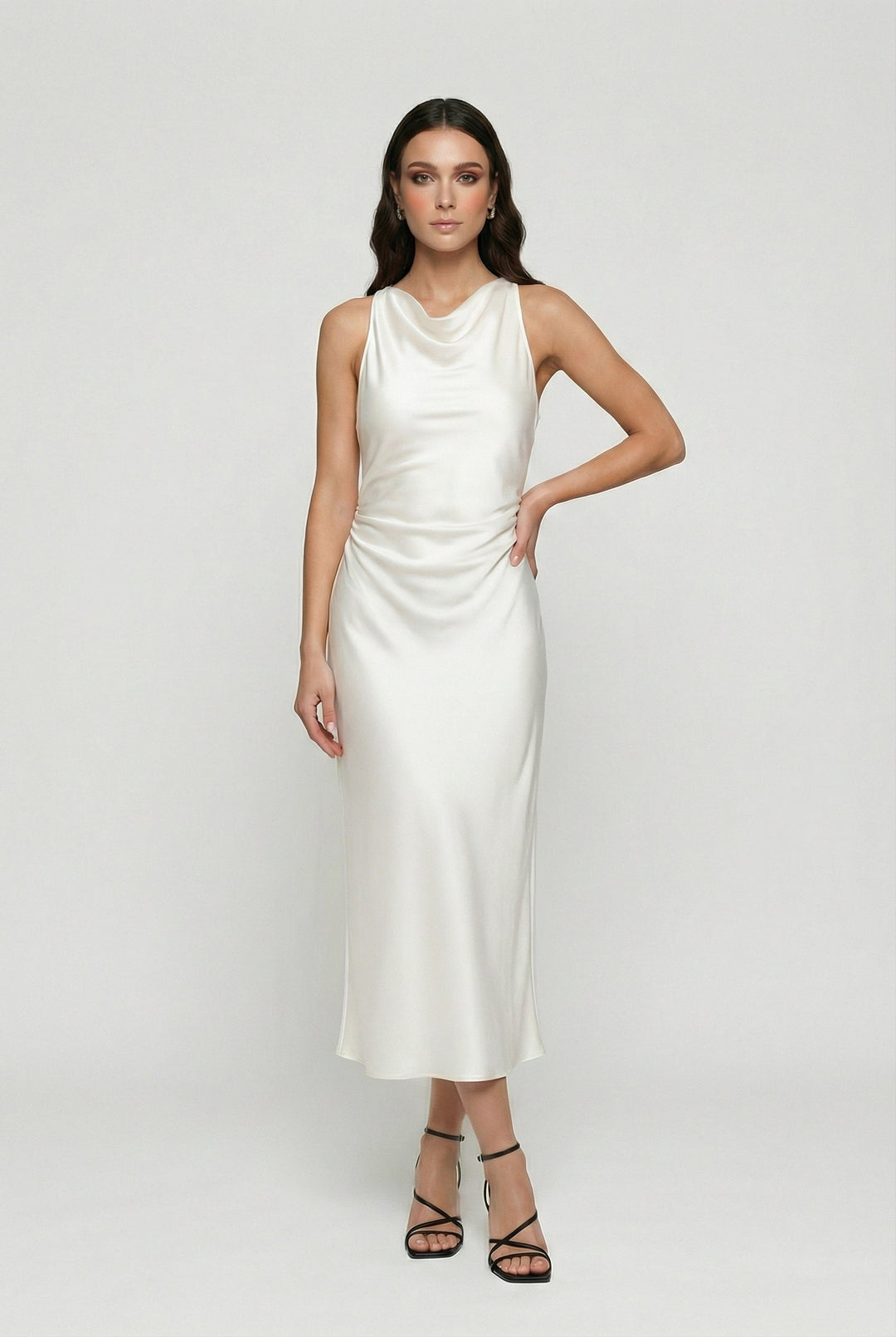 Women's Fitted White Sleeveless Cowl Neck Ruched Midi Dress