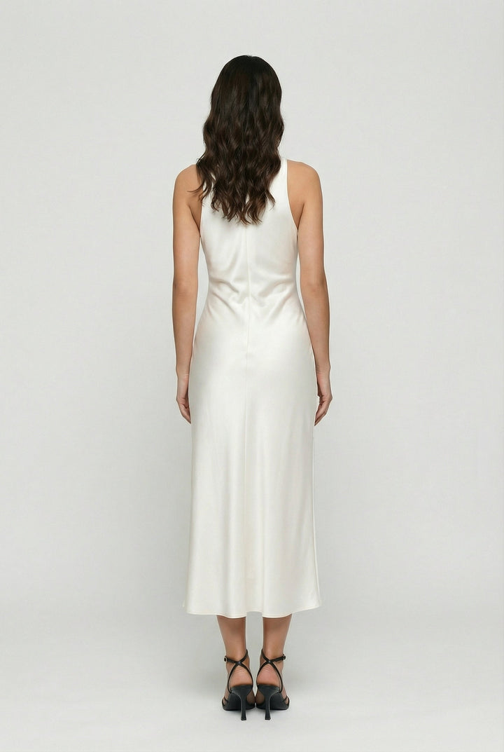 Women's Fitted White Sleeveless Cowl Neck Ruched Midi Dress