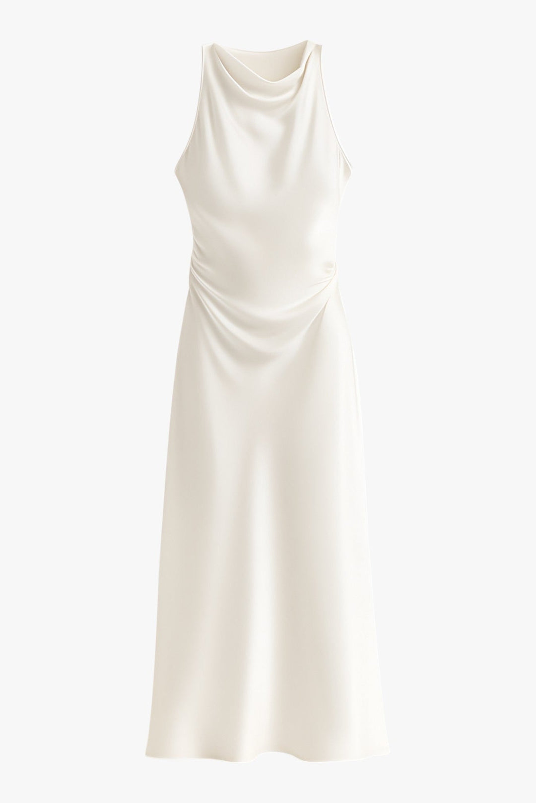 Women's Fitted White Sleeveless Cowl Neck Ruched Midi Dress