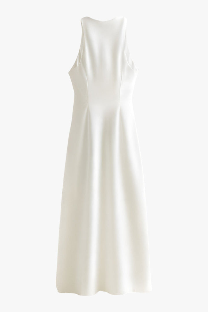 Women's Fitted White Sleeveless Cowl Neck Ruched Midi Dress