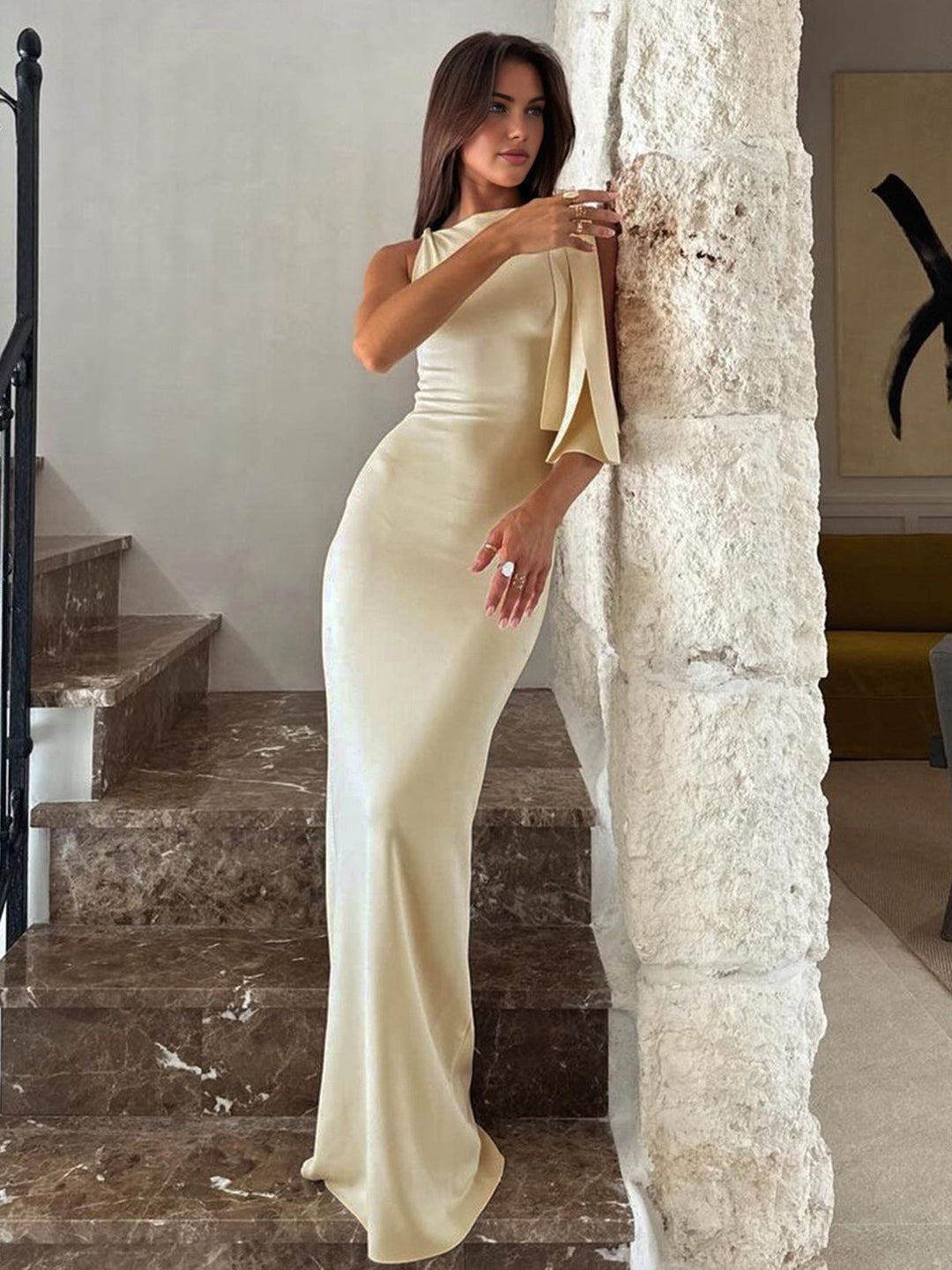 Sloane | Beige Satin Sleeveless Graduation & Wedding Guest Maxi Dress