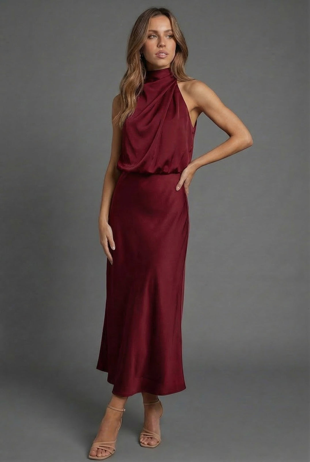 Women's Halterneck Wedding Guest Midi Dress