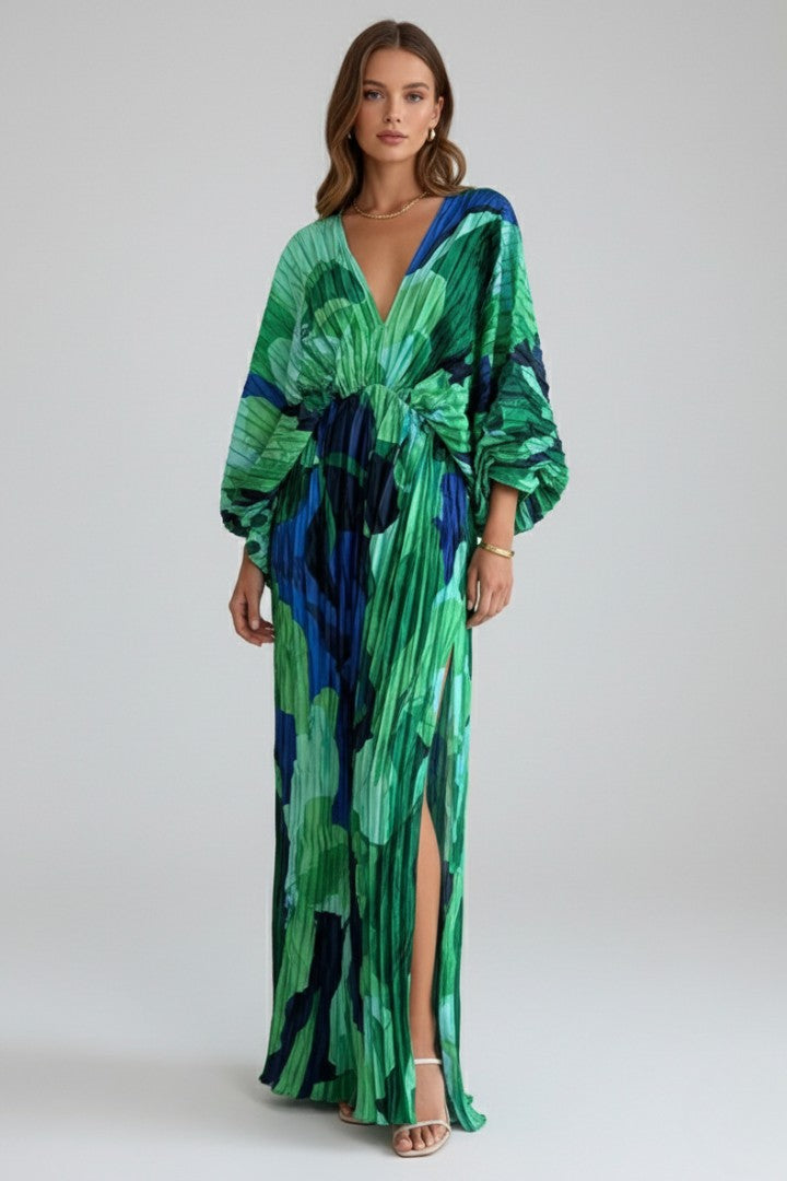 Women's Boho Green Printed Pleated V-Neck Balloon Sleeve Maxi Dress