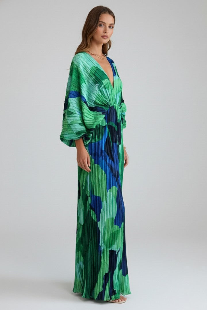Women's Boho Green Printed Pleated V-Neck Balloon Sleeve Maxi Dress