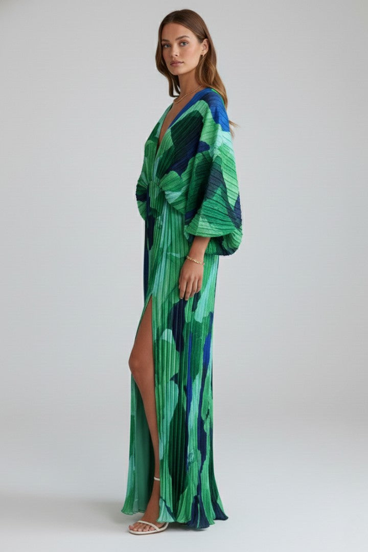 Women's Boho Green Printed Pleated V-Neck Balloon Sleeve Maxi Dress