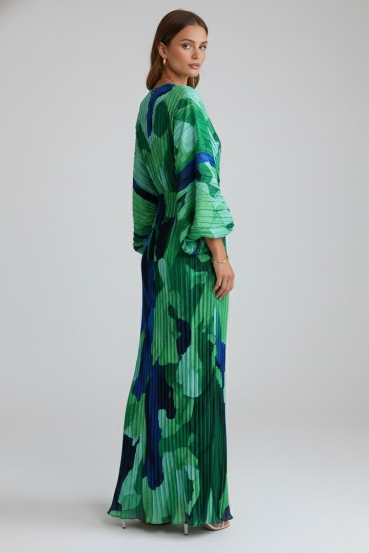 Women's Boho Green Printed Pleated V-Neck Balloon Sleeve Maxi Dress