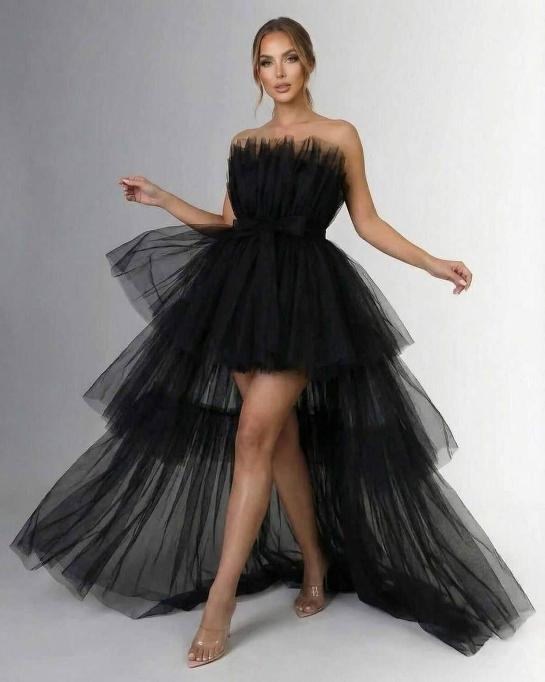 Women's Prom Black Strapless Tulle High Low Tiered Ruffle Maxi Dress