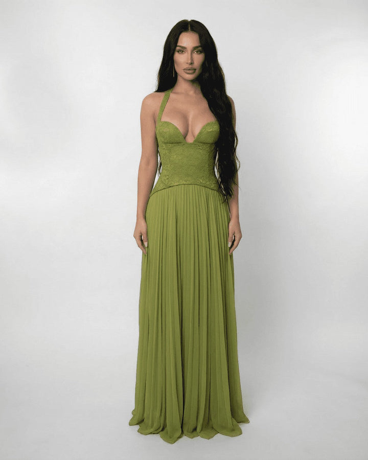 Women's Prom Halter Neck Sweetheart Pleated Flowy Maxi Dress