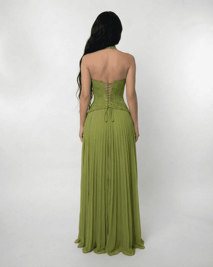 Women's Prom Halter Neck Sweetheart Pleated Flowy Maxi Dress