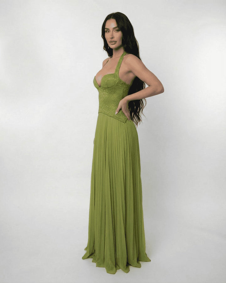 Women's Prom Halter Neck Sweetheart Pleated Flowy Maxi Dress