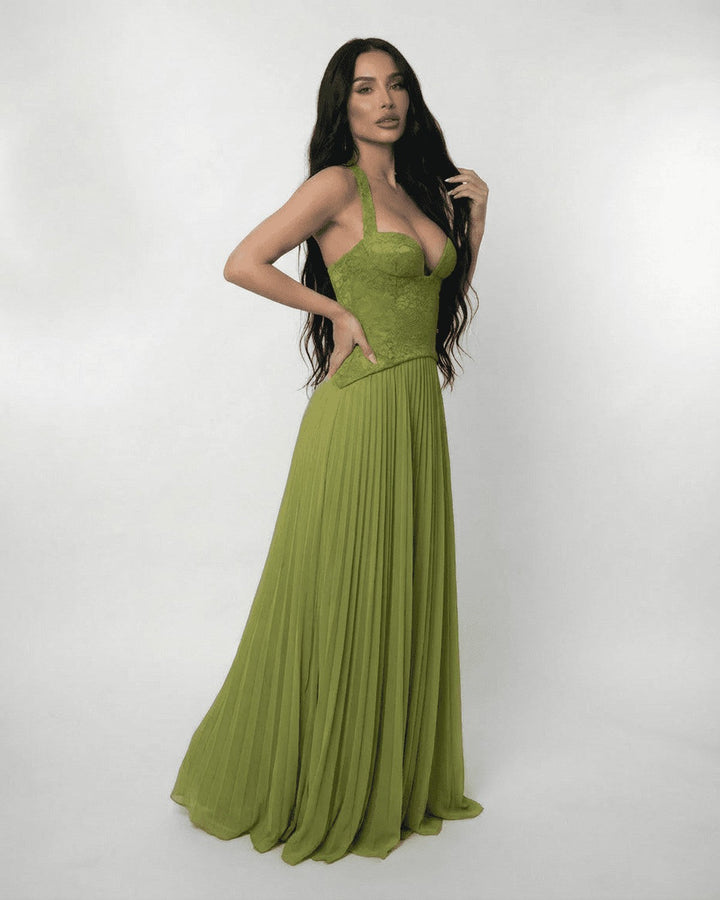 Women's Prom Halter Neck Sweetheart Pleated Flowy Maxi Dress