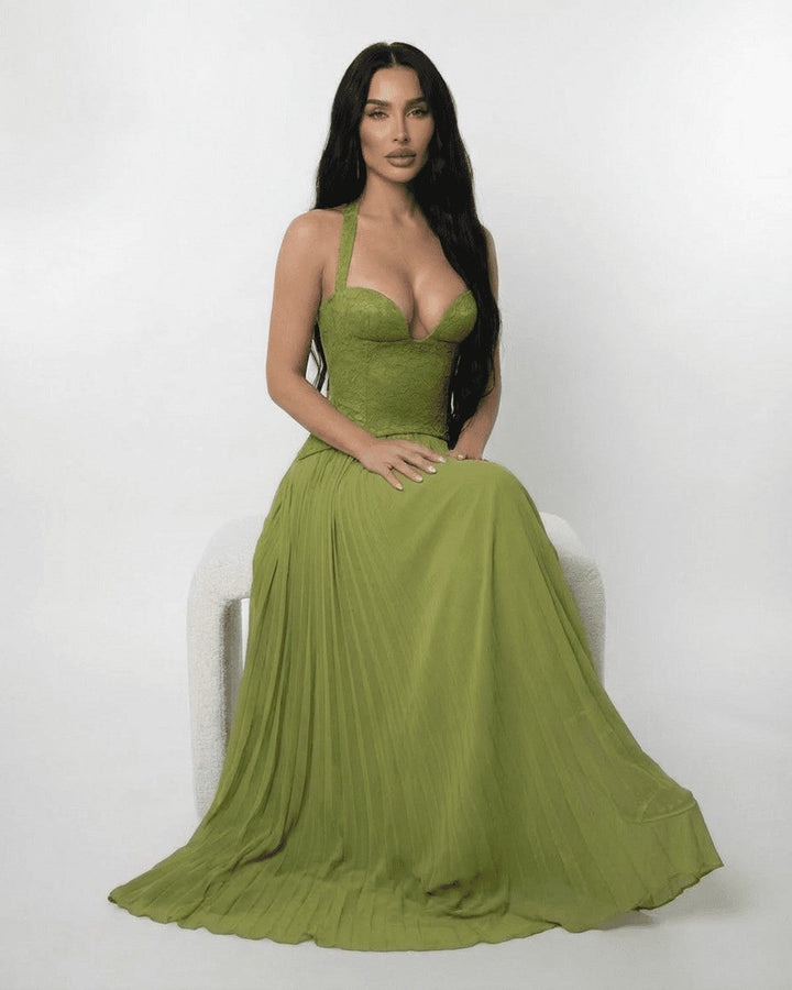 Women's Prom Halter Neck Sweetheart Pleated Flowy Maxi Dress