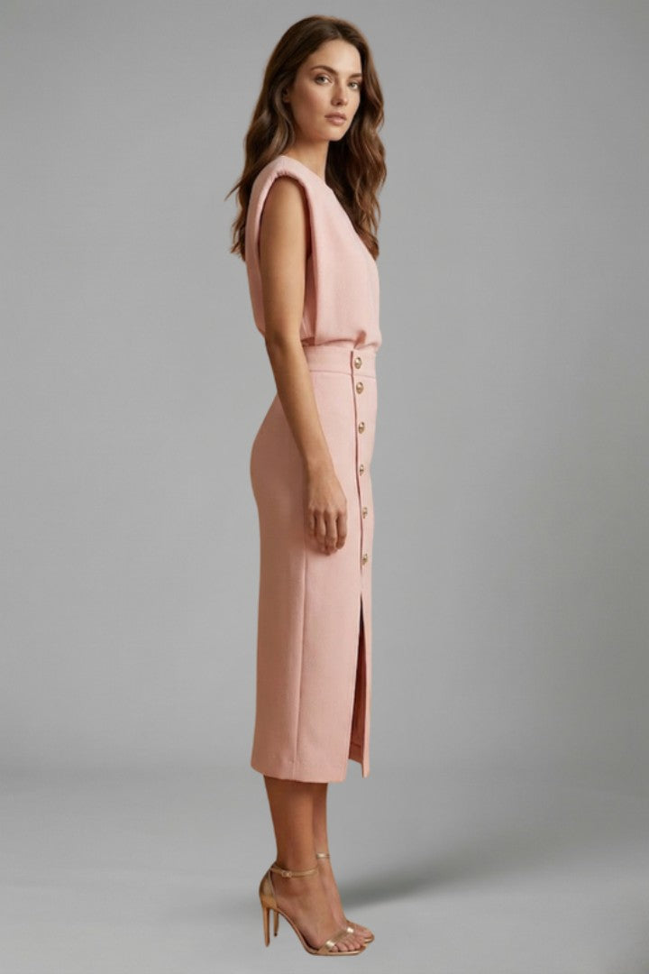 Women's Wedding Guest Sleeveless Button Slit Fitted Midi Dress
