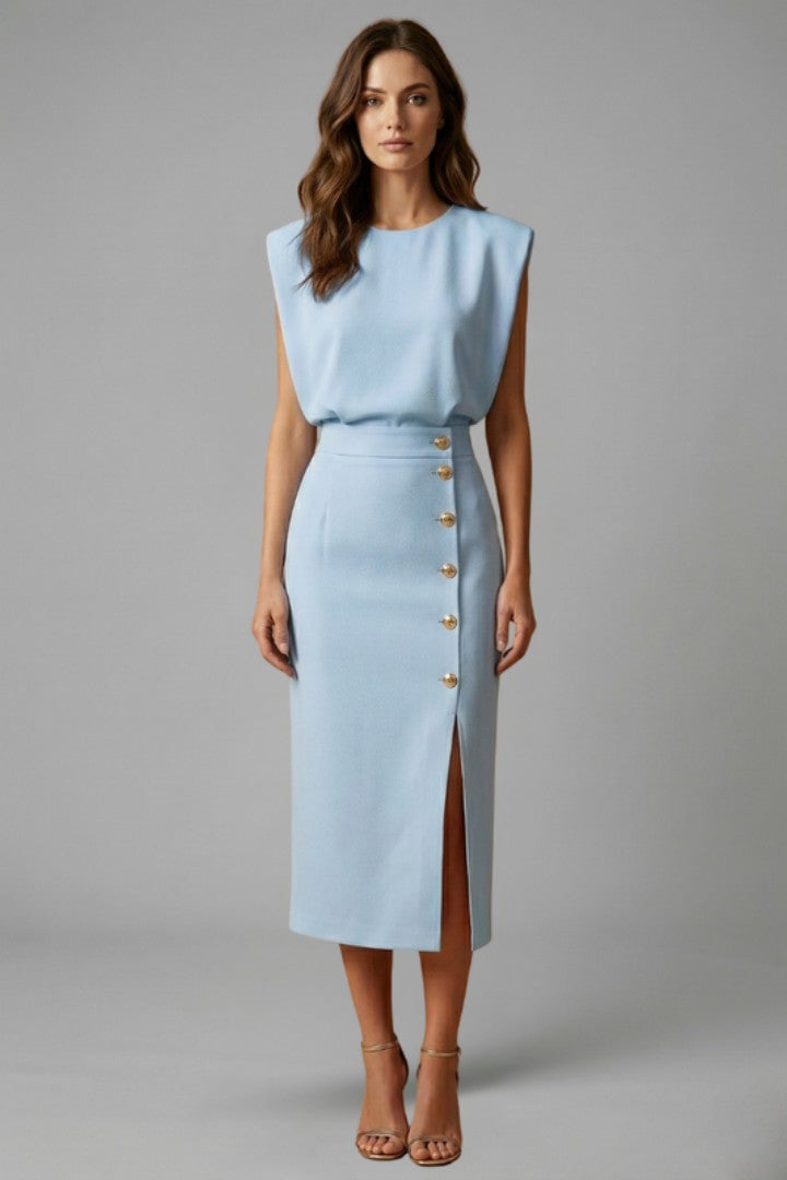 Women's Wedding Guest Sleeveless Button Slit Fitted Midi Dress