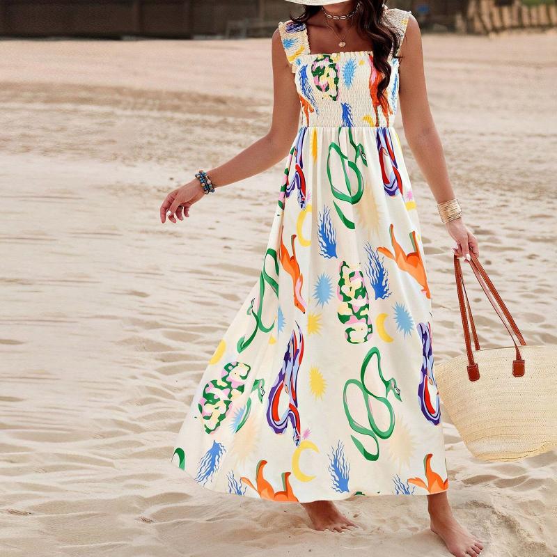 Women's Printed White Square Neck Midi Summer Dress