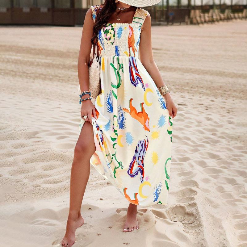 Women's Printed White Square Neck Midi Summer Dress