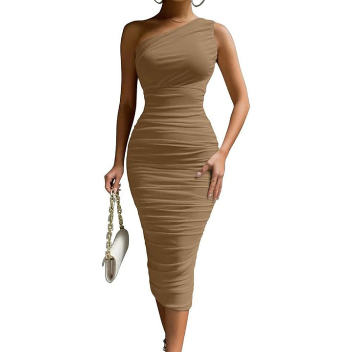 Women's Wedding Guest One Shoulder Ruched Bodycon Midi Dress