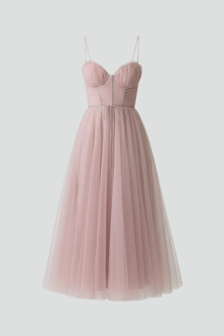 Women's Wedding Guest Corset Sweetheart Neck Tulle Midi Dress